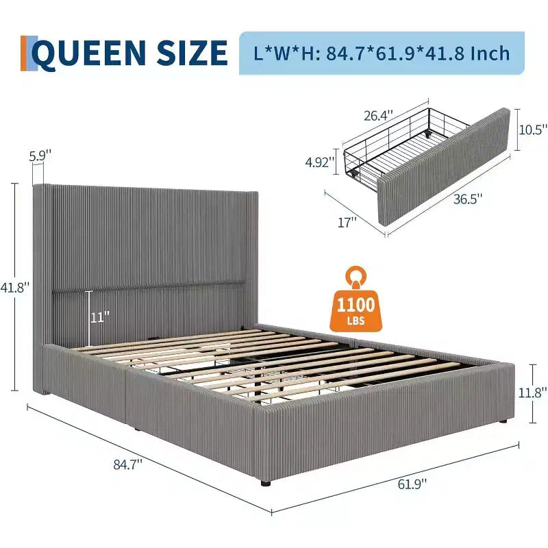 Queen Size Corduroy Upholstered Platform Bed Frame, Grey, Storage Drawers, Tufted Wingback Headboard, No Box Spring Needed
