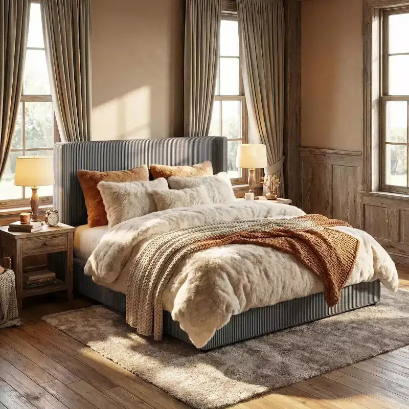 Queen Size Corduroy Upholstered Platform Bed Frame, Grey, Storage Drawers, Tufted Wingback Headboard, No Box Spring Needed