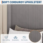 Gestoffeerd corduroy platformbedframe voor queensize bed, grijs, opbergladen, gecapitonneerd wingback-hoofdbord, geen boxspring nodig