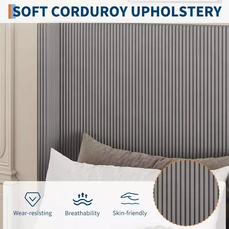 Queen Size Corduroy Upholstered Platform Bed Frame, Grey, Storage Drawers, Tufted Wingback Headboard, No Box Spring Needed