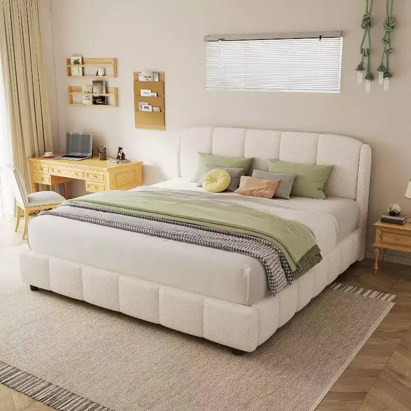 Queen/King Size Upholstered Platform Bed Frame with Soft Headboard, Curve-Shaped, Beige