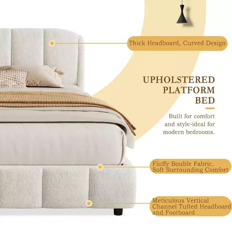 Queen/King Size Upholstered Platform Bed Frame with Soft Headboard, Curve-Shaped, Beige