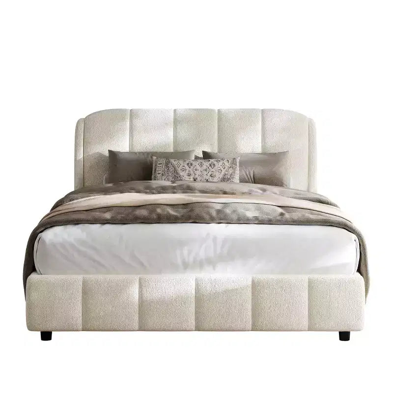 Queen/King Size Upholstered Platform Bed Frame with Soft Headboard, Curve-Shaped, Beige