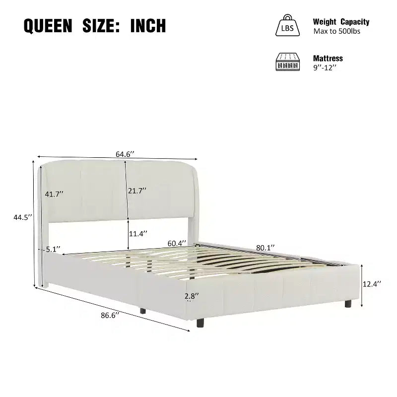 Queen/King Size Upholstered Platform Bed Frame with Soft Headboard, Curve-Shaped, Beige