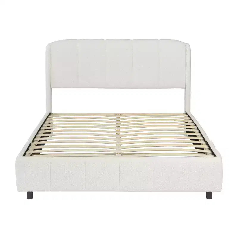 Queen/King Size Upholstered Platform Bed Frame with Soft Headboard, Curve-Shaped, Beige