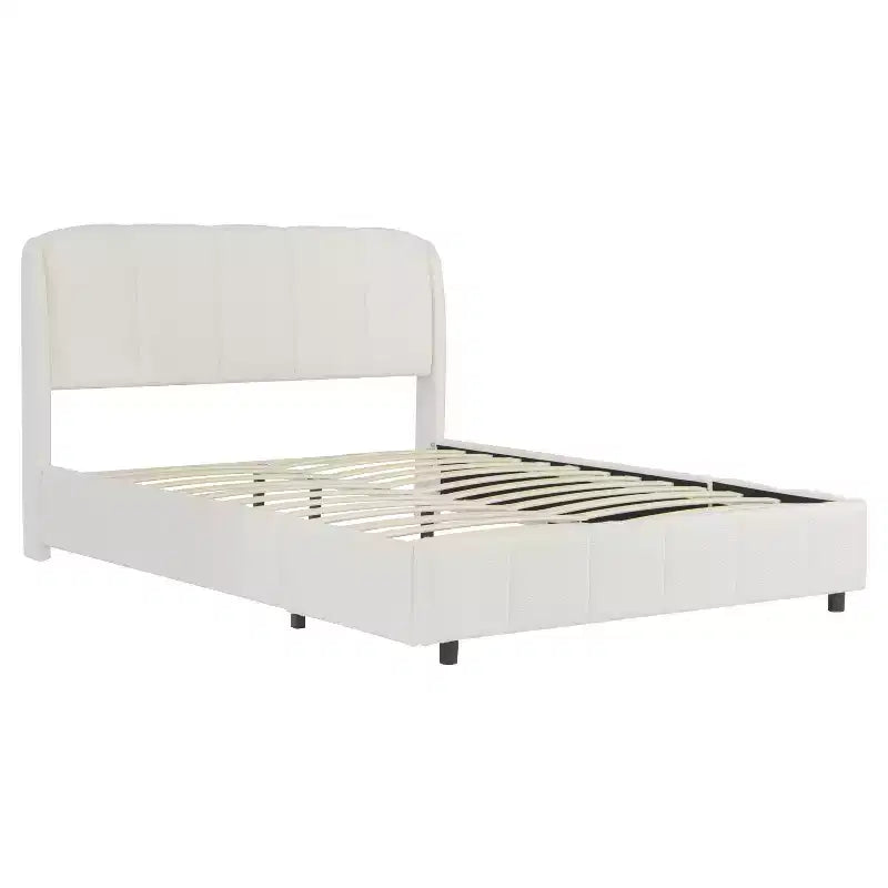 Queen/King Size Upholstered Platform Bed Frame with Soft Headboard, Curve-Shaped, Beige