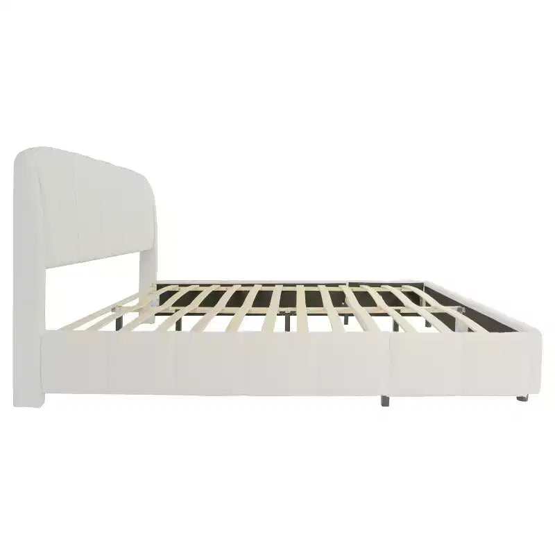 Queen/King Size Upholstered Platform Bed Frame with Soft Headboard, Curve-Shaped, Beige