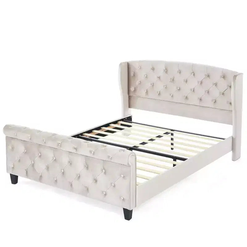 43.3" Queen Sleigh Bed Frame with Wingback Headboard, Scroll Footboard, Button Tufted Velvet, Rust-Resistant Hardware, Sturdy Support