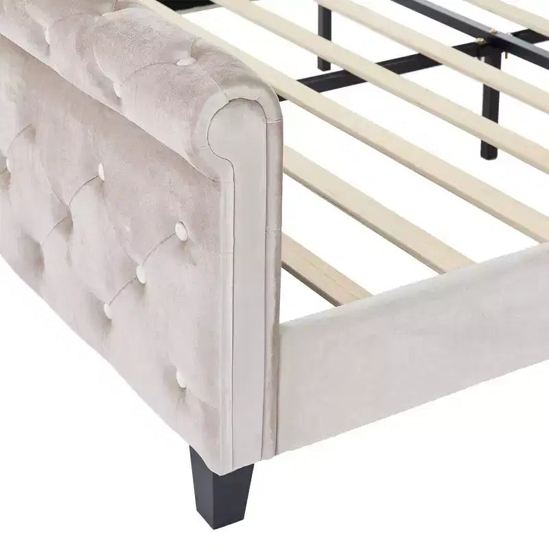 43.3" Queen Sleigh Bed Frame with Wingback Headboard, Scroll Footboard, Button Tufted Velvet, Rust-Resistant Hardware, Sturdy Support