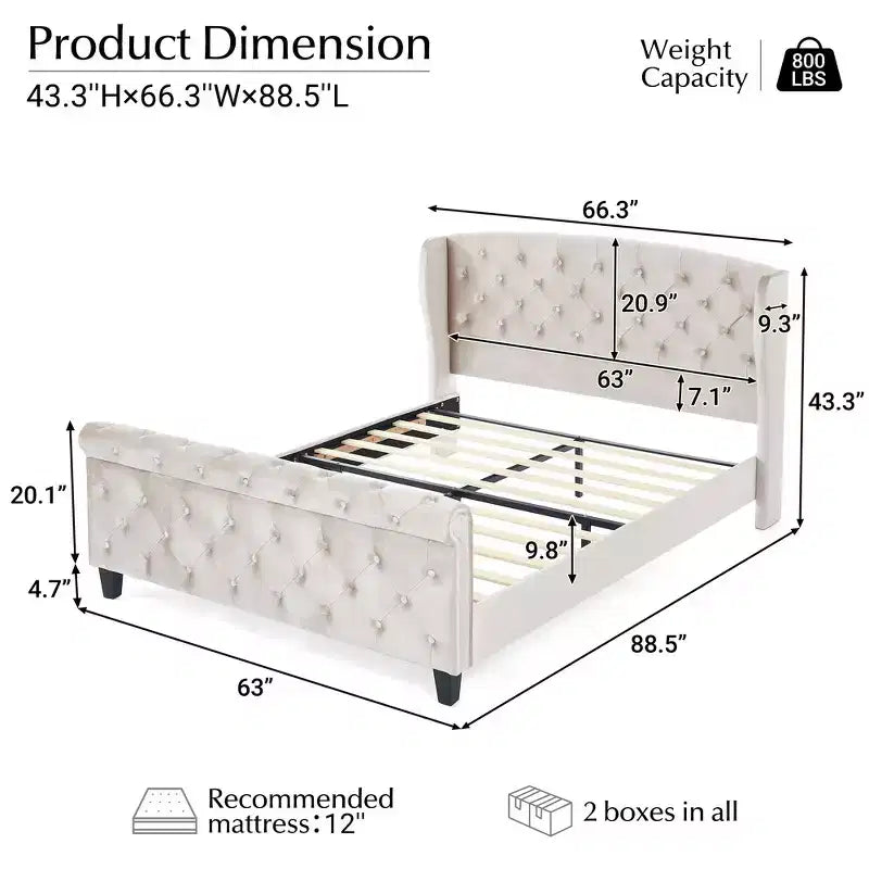 43.3" Queen Sleigh Bed Frame with Wingback Headboard, Scroll Footboard, Button Tufted Velvet, Rust-Resistant Hardware, Sturdy Support
