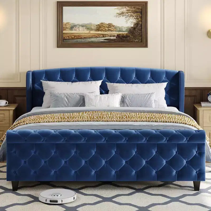 43.3" Queen Sleigh Bed Frame with Wingback Headboard, Scroll Footboard, Button Tufted Velvet, Rust-Resistant Hardware, Sturdy Support
