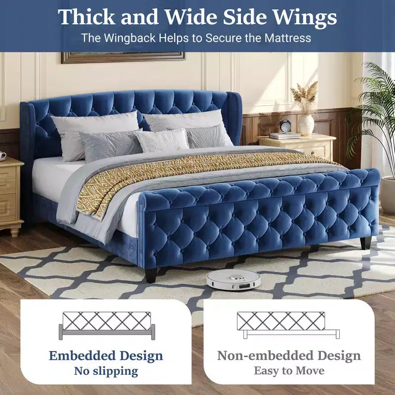 43.3" Queen Sleigh Bed Frame with Wingback Headboard, Scroll Footboard, Button Tufted Velvet, Rust-Resistant Hardware, Sturdy Support