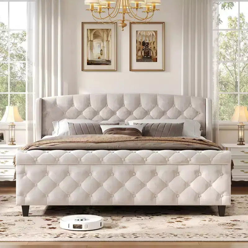 43.3" Queen Sleigh Bed Frame with Wingback Headboard, Scroll Footboard, Button Tufted Velvet, Rust-Resistant Hardware, Sturdy Support