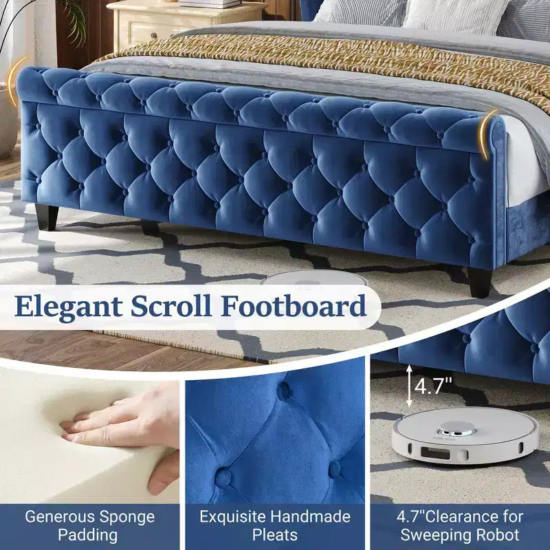 43.3" Queen Sleigh Bed Frame with Wingback Headboard, Scroll Footboard, Button Tufted Velvet, Rust-Resistant Hardware, Sturdy Support