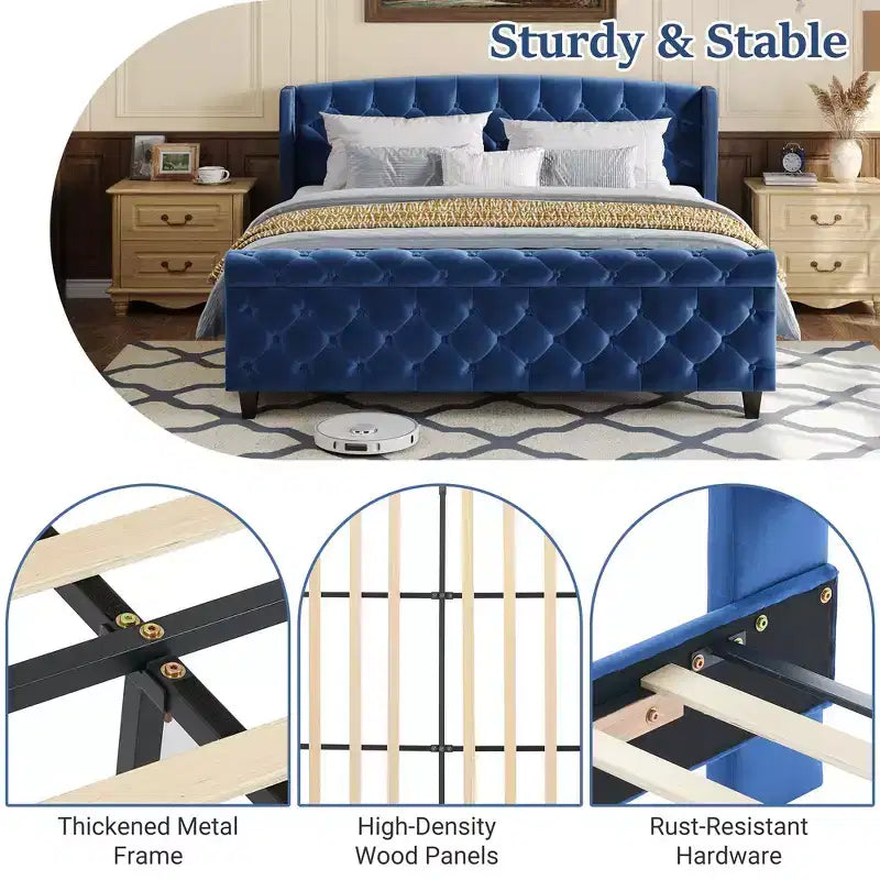 43.3" Queen Sleigh Bed Frame with Wingback Headboard, Scroll Footboard, Button Tufted Velvet, Rust-Resistant Hardware, Sturdy Support