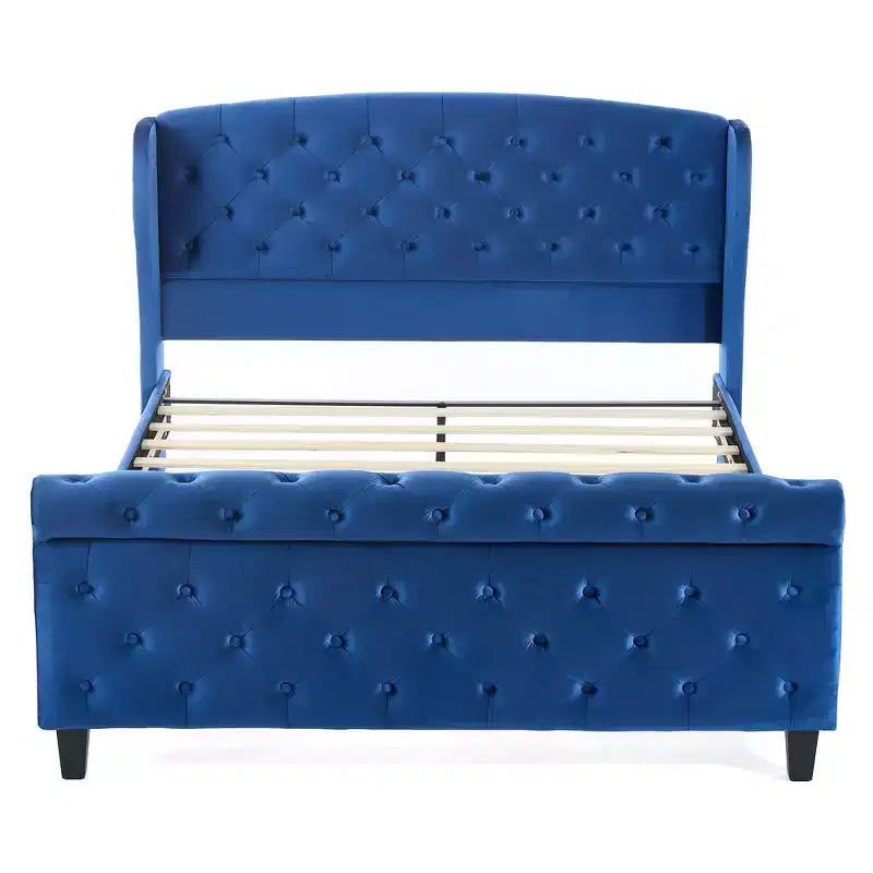 43.3" Queen Sleigh Bed Frame with Wingback Headboard, Scroll Footboard, Button Tufted Velvet, Rust-Resistant Hardware, Sturdy Support