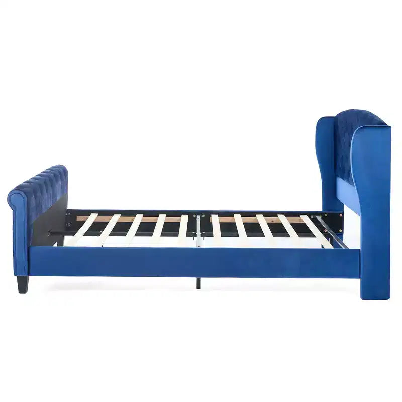 43.3" Queen Sleigh Bed Frame with Wingback Headboard, Scroll Footboard, Button Tufted Velvet, Rust-Resistant Hardware, Sturdy Support