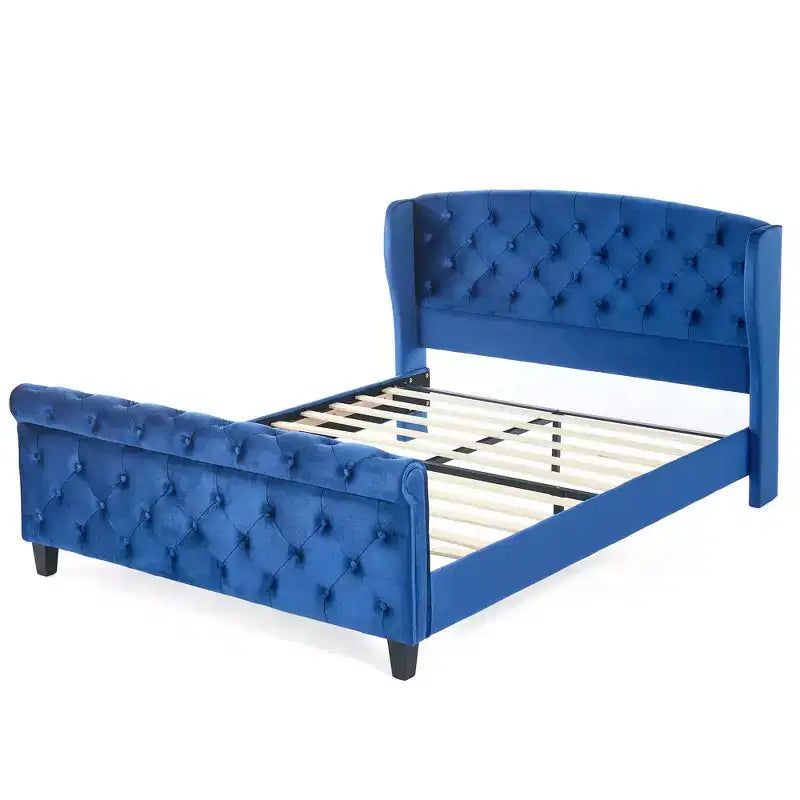 43.3" Queen Sleigh Bed Frame with Wingback Headboard, Scroll Footboard, Button Tufted Velvet, Rust-Resistant Hardware, Sturdy Support