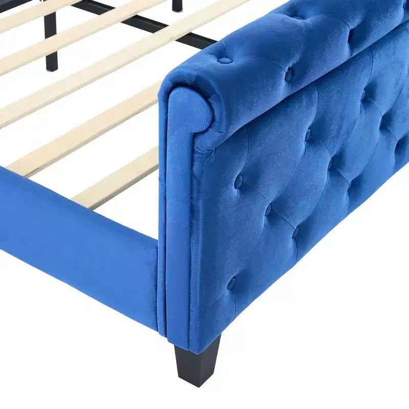 43.3" Queen Sleigh Bed Frame with Wingback Headboard, Scroll Footboard, Button Tufted Velvet, Rust-Resistant Hardware, Sturdy Support