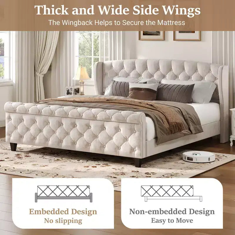 43.3" Queen Sleigh Bed Frame with Wingback Headboard, Scroll Footboard, Button Tufted Velvet, Rust-Resistant Hardware, Sturdy Support