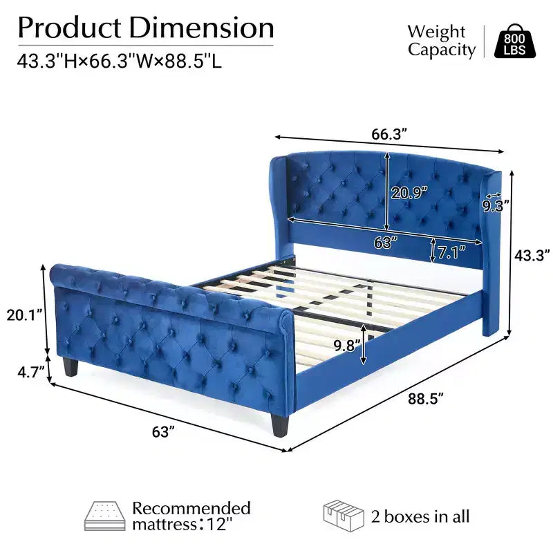 43.3" Queen Sleigh Bed Frame with Wingback Headboard, Scroll Footboard, Button Tufted Velvet, Rust-Resistant Hardware, Sturdy Support