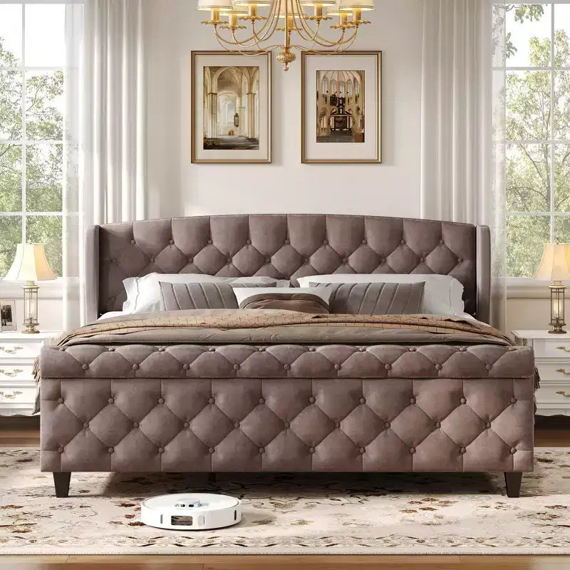 43.3" Queen Sleigh Bed Frame with Wingback Headboard, Scroll Footboard, Button Tufted Velvet, Rust-Resistant Hardware, Sturdy Support
