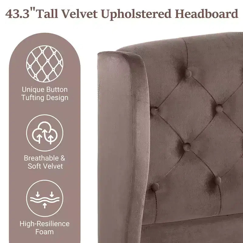 43.3" Queen Sleigh Bed Frame with Wingback Headboard, Scroll Footboard, Button Tufted Velvet, Rust-Resistant Hardware, Sturdy Support