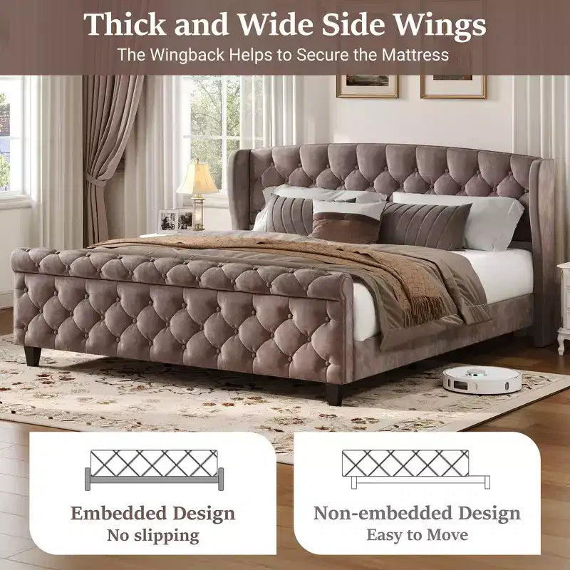 43.3" Queen Sleigh Bed Frame with Wingback Headboard, Scroll Footboard, Button Tufted Velvet, Rust-Resistant Hardware, Sturdy Support
