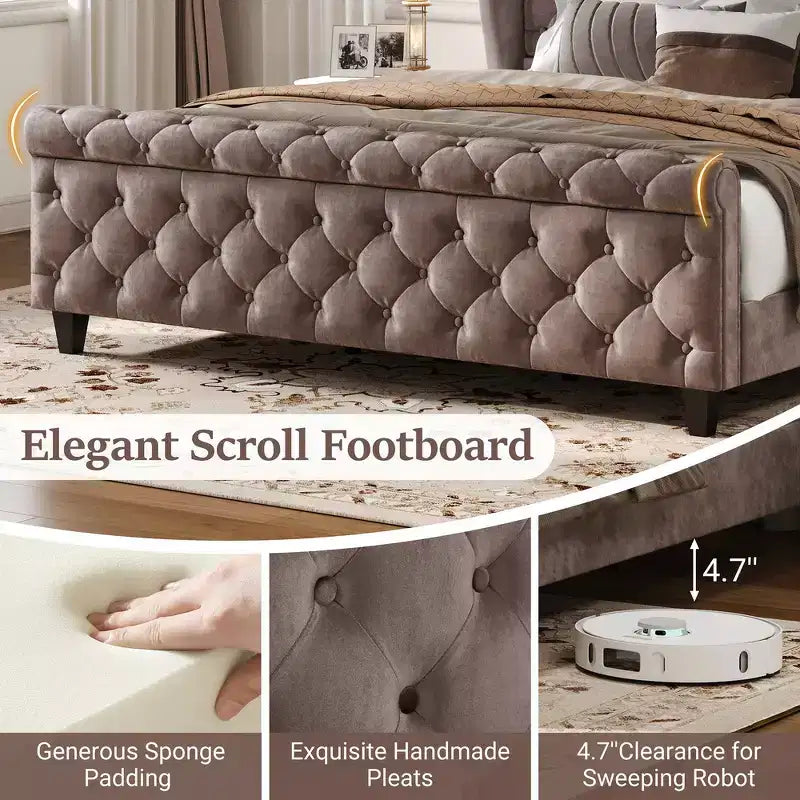 43.3" Queen Sleigh Bed Frame with Wingback Headboard, Scroll Footboard, Button Tufted Velvet, Rust-Resistant Hardware, Sturdy Support