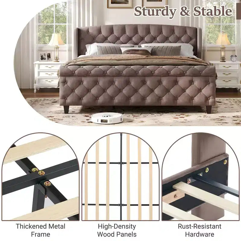 43.3" Queen Sleigh Bed Frame with Wingback Headboard, Scroll Footboard, Button Tufted Velvet, Rust-Resistant Hardware, Sturdy Support