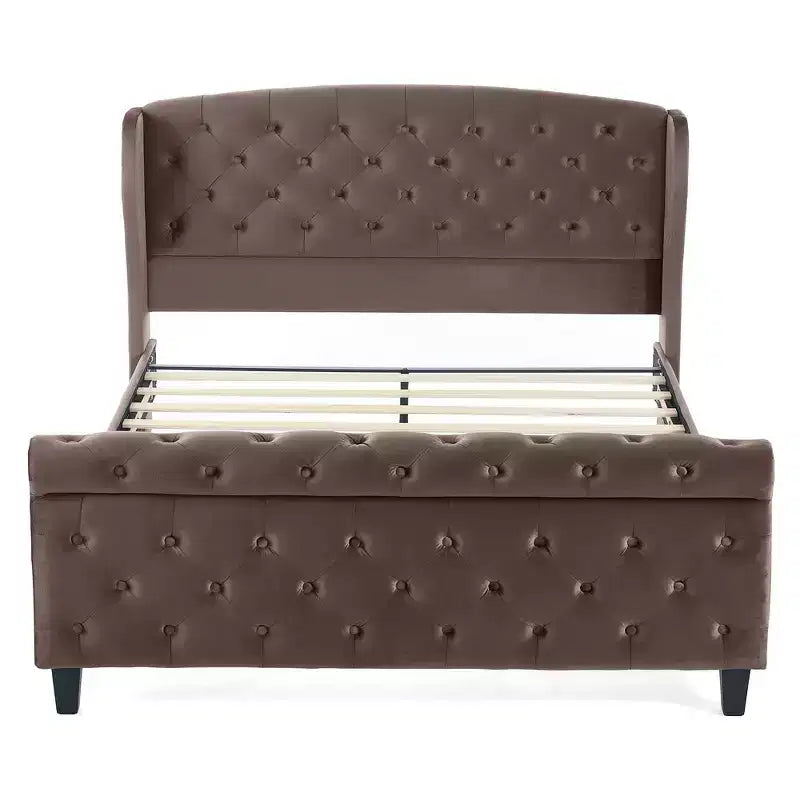 43.3" Queen Sleigh Bed Frame with Wingback Headboard, Scroll Footboard, Button Tufted Velvet, Rust-Resistant Hardware, Sturdy Support