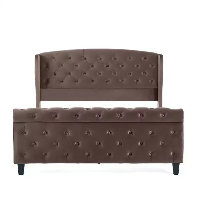 43.3" Queen Sleigh Bed Frame with Wingback Headboard, Scroll Footboard, Button Tufted Velvet, Rust-Resistant Hardware, Sturdy Support
