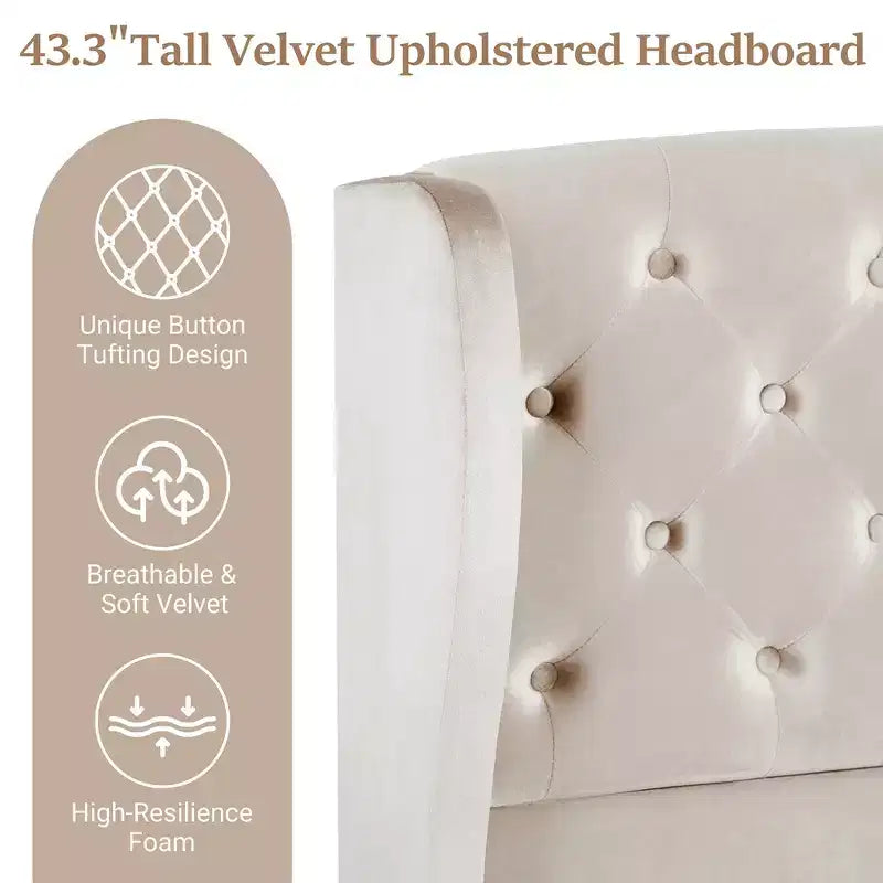 43.3" Queen Sleigh Bed Frame with Wingback Headboard, Scroll Footboard, Button Tufted Velvet, Rust-Resistant Hardware, Sturdy Support