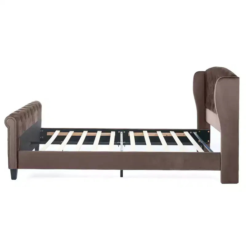 43.3" Queen Sleigh Bed Frame with Wingback Headboard, Scroll Footboard, Button Tufted Velvet, Rust-Resistant Hardware, Sturdy Support