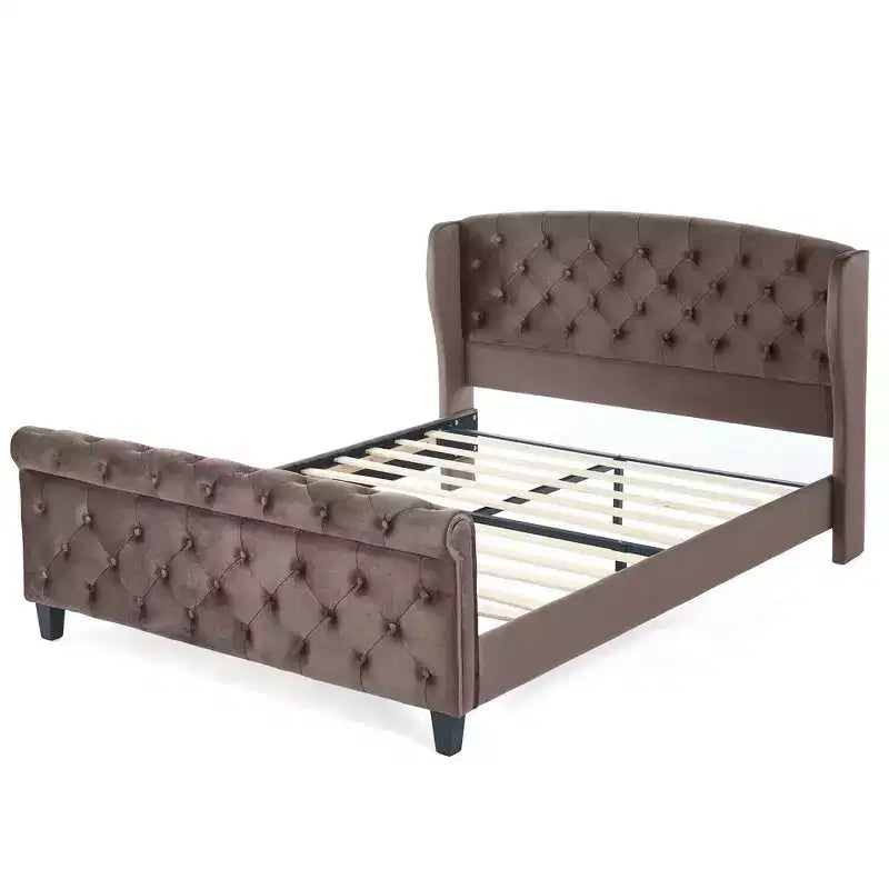 43.3" Queen Sleigh Bed Frame with Wingback Headboard, Scroll Footboard, Button Tufted Velvet, Rust-Resistant Hardware, Sturdy Support