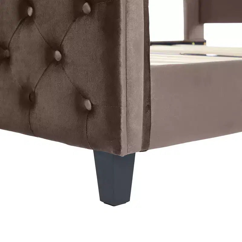43.3" Queen Sleigh Bed Frame with Wingback Headboard, Scroll Footboard, Button Tufted Velvet, Rust-Resistant Hardware, Sturdy Support