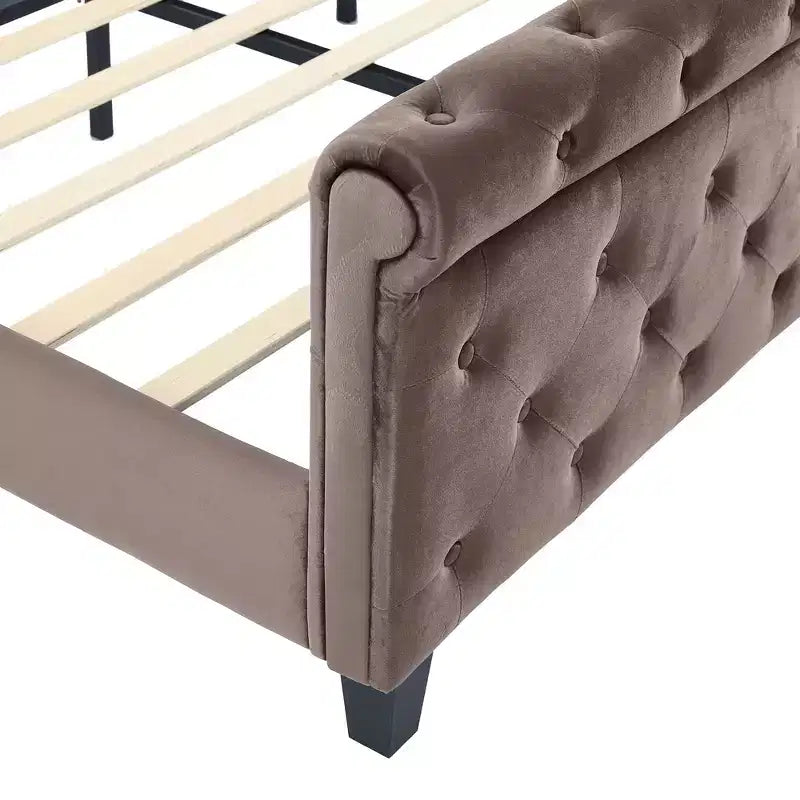 43.3" Queen Sleigh Bed Frame with Wingback Headboard, Scroll Footboard, Button Tufted Velvet, Rust-Resistant Hardware, Sturdy Support
