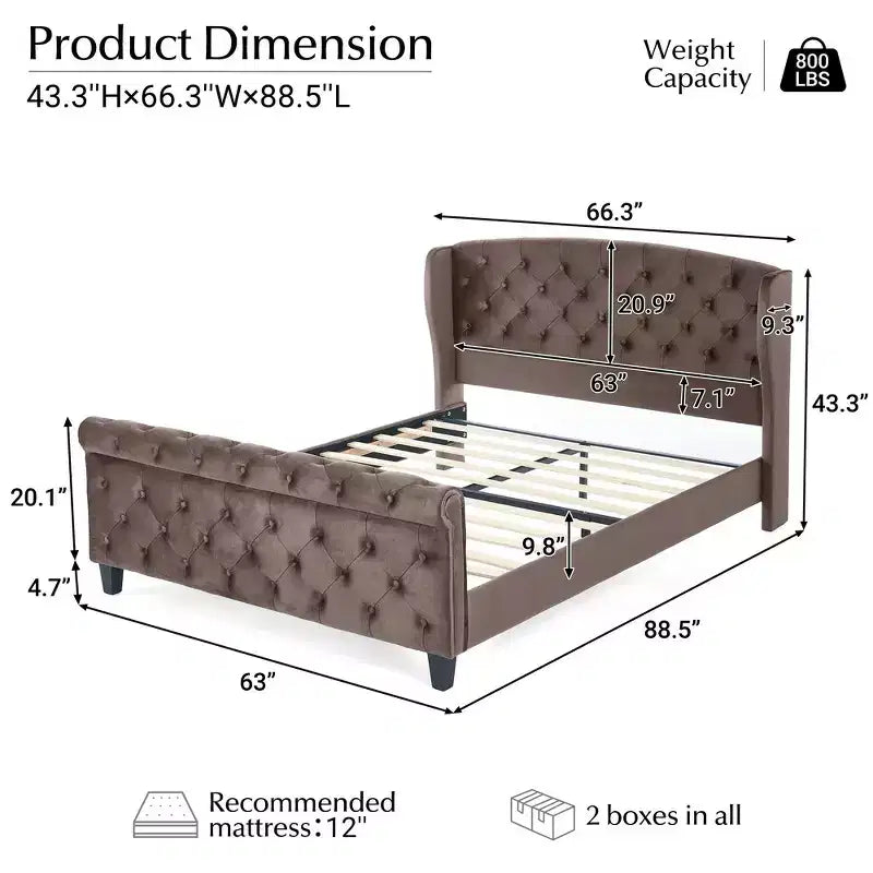 43.3" Queen Sleigh Bed Frame with Wingback Headboard, Scroll Footboard, Button Tufted Velvet, Rust-Resistant Hardware, Sturdy Support
