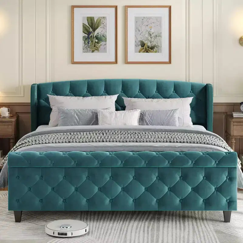 43.3" Queen Sleigh Bed Frame with Wingback Headboard, Scroll Footboard, Button Tufted Velvet, Rust-Resistant Hardware, Sturdy Support
