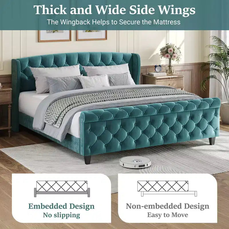 43.3" Queen Sleigh Bed Frame with Wingback Headboard, Scroll Footboard, Button Tufted Velvet, Rust-Resistant Hardware, Sturdy Support
