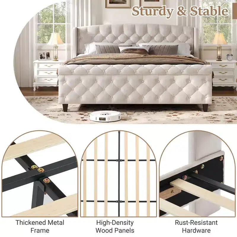 43.3" Queen Sleigh Bed Frame with Wingback Headboard, Scroll Footboard, Button Tufted Velvet, Rust-Resistant Hardware, Sturdy Support