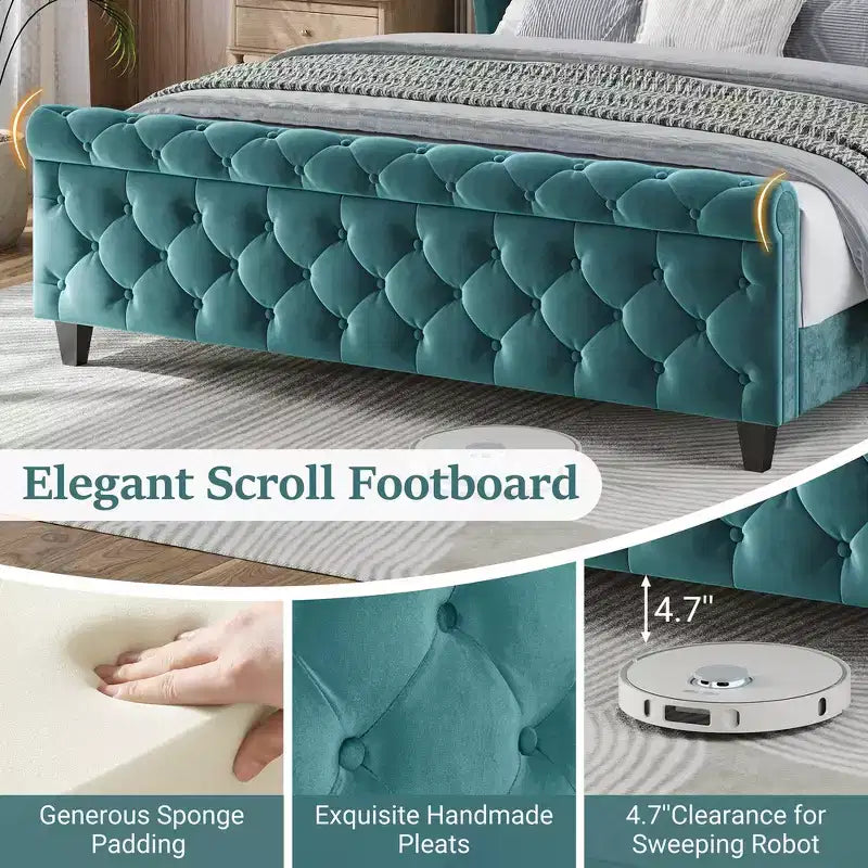 43.3" Queen Sleigh Bed Frame with Wingback Headboard, Scroll Footboard, Button Tufted Velvet, Rust-Resistant Hardware, Sturdy Support