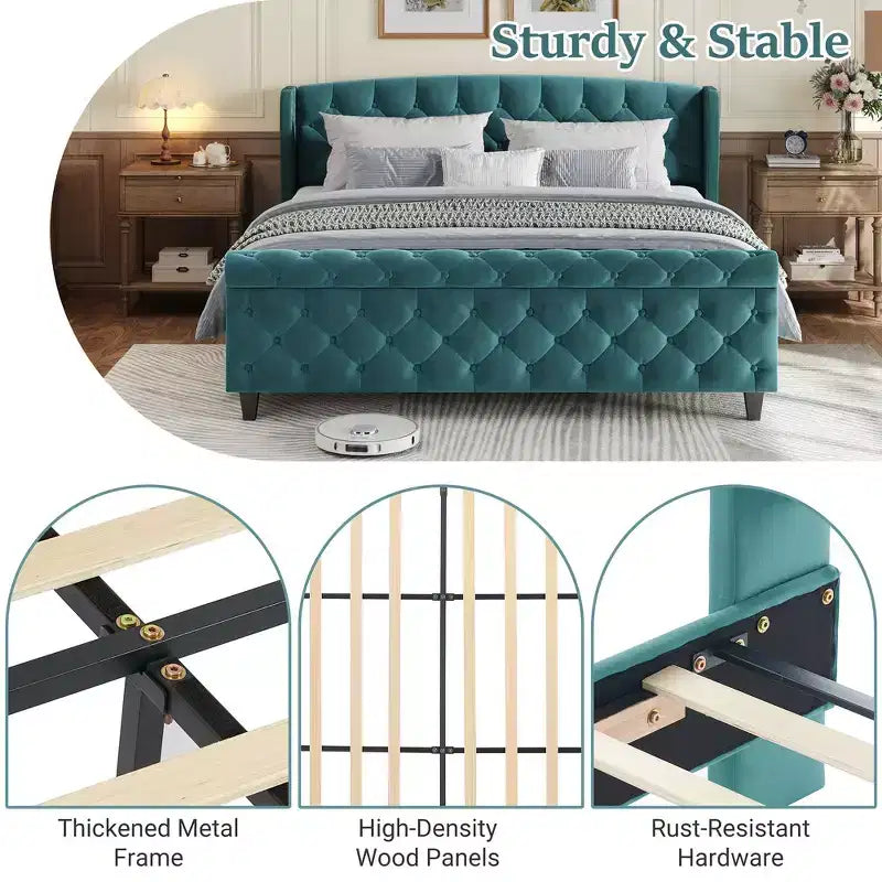 43.3" Queen Sleigh Bed Frame with Wingback Headboard, Scroll Footboard, Button Tufted Velvet, Rust-Resistant Hardware, Sturdy Support