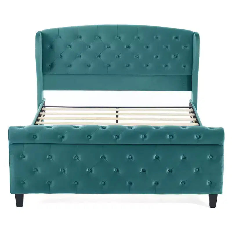 43.3" Queen Sleigh Bed Frame with Wingback Headboard, Scroll Footboard, Button Tufted Velvet, Rust-Resistant Hardware, Sturdy Support