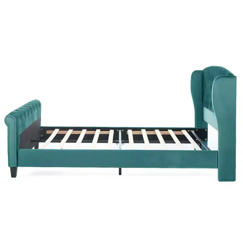 43.3" Queen Sleigh Bed Frame with Wingback Headboard, Scroll Footboard, Button Tufted Velvet, Rust-Resistant Hardware, Sturdy Support