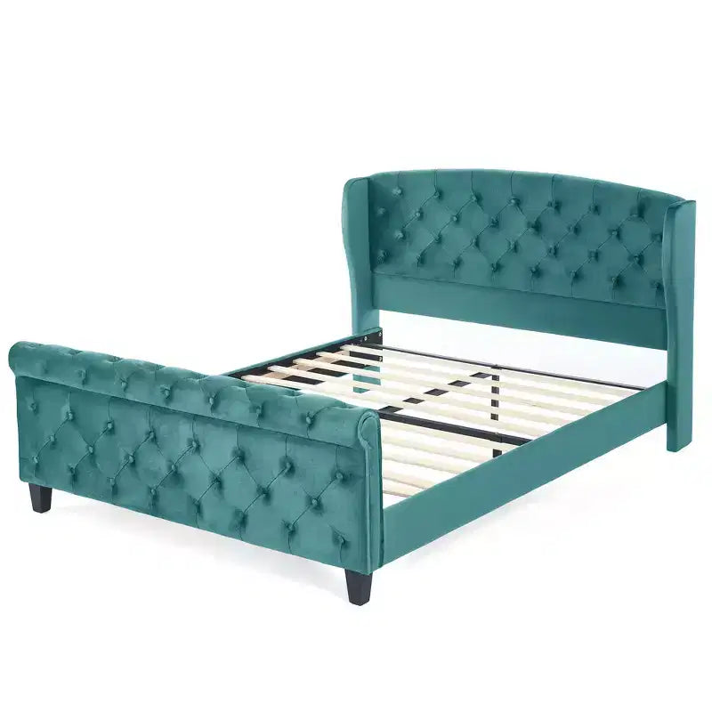 43.3" Queen Sleigh Bed Frame with Wingback Headboard, Scroll Footboard, Button Tufted Velvet, Rust-Resistant Hardware, Sturdy Support