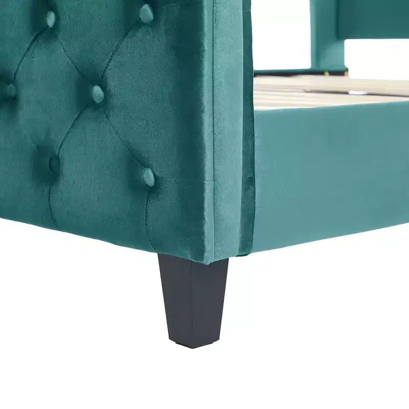 43.3" Queen Sleigh Bed Frame with Wingback Headboard, Scroll Footboard, Button Tufted Velvet, Rust-Resistant Hardware, Sturdy Support