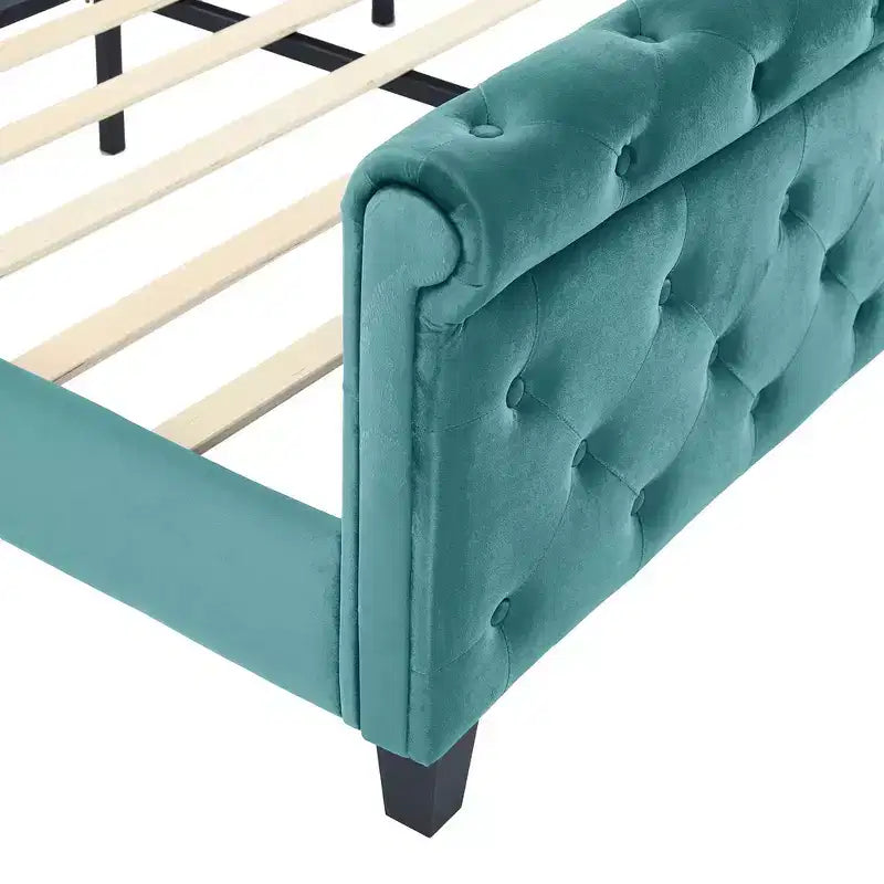 43.3" Queen Sleigh Bed Frame with Wingback Headboard, Scroll Footboard, Button Tufted Velvet, Rust-Resistant Hardware, Sturdy Support