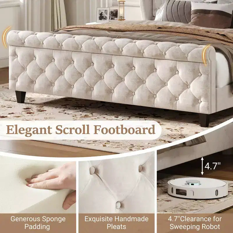 43.3" Queen Sleigh Bed Frame with Wingback Headboard, Scroll Footboard, Button Tufted Velvet, Rust-Resistant Hardware, Sturdy Support