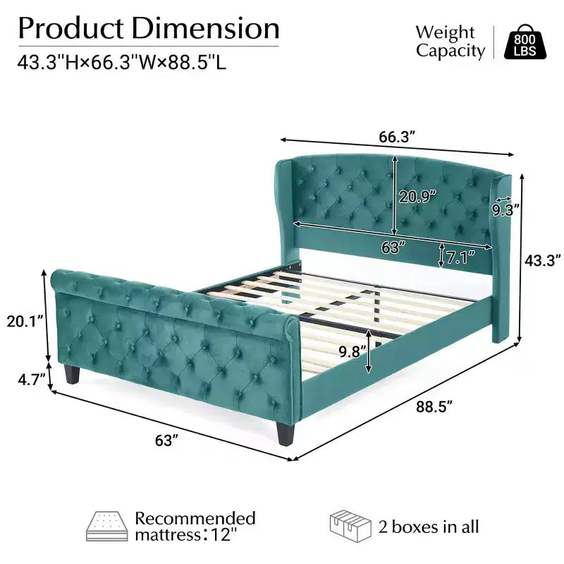 43.3" Queen Sleigh Bed Frame with Wingback Headboard, Scroll Footboard, Button Tufted Velvet, Rust-Resistant Hardware, Sturdy Support